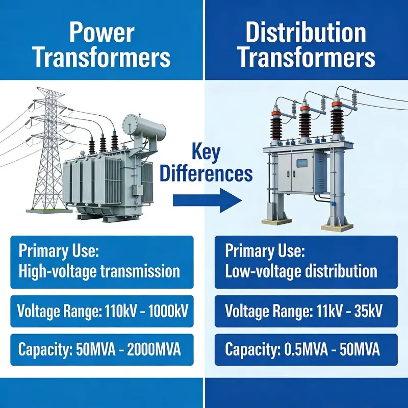 What is the difference between a power transformer and a distribution transformer?